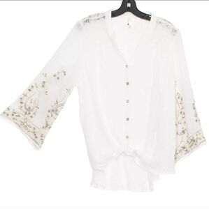 Anthropologie Fig & Flower Gauzy Embroidered Tunic | M | White Lace Bell Sleeves